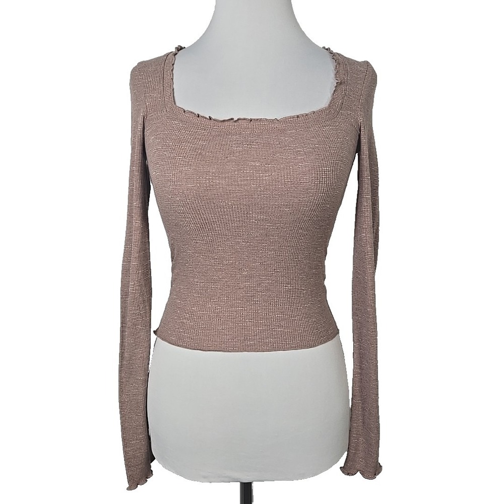elodie Speckled Taupe Ribbed Scalloped Edge Long Sleeve Crop Top XS